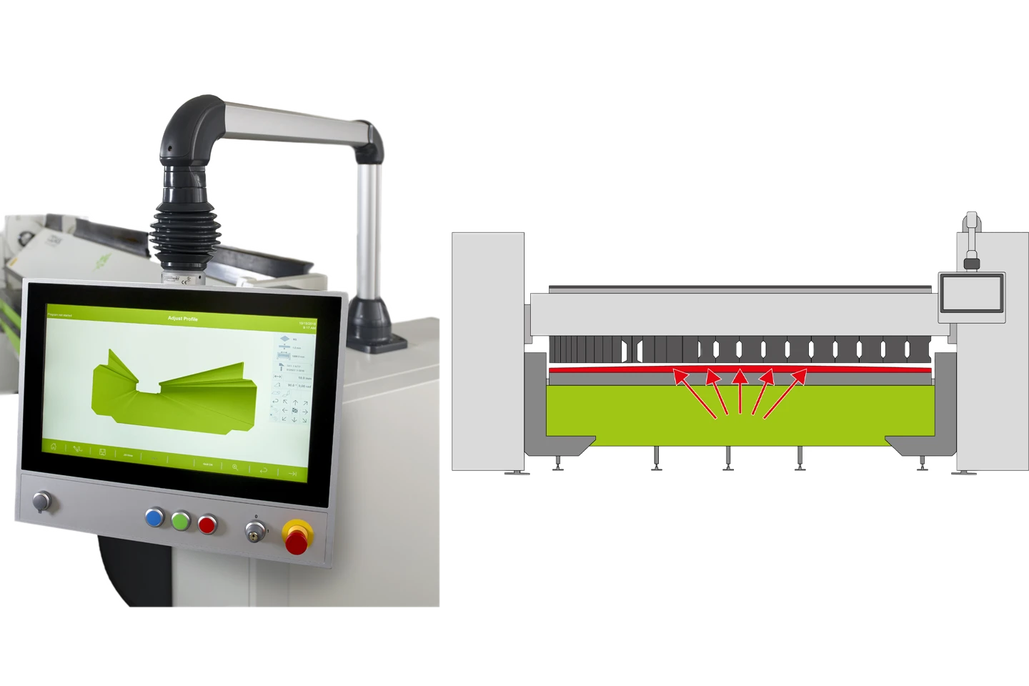 picture of control system prolink and a sketch showing the meaning of crowniing of the folding beam on white background