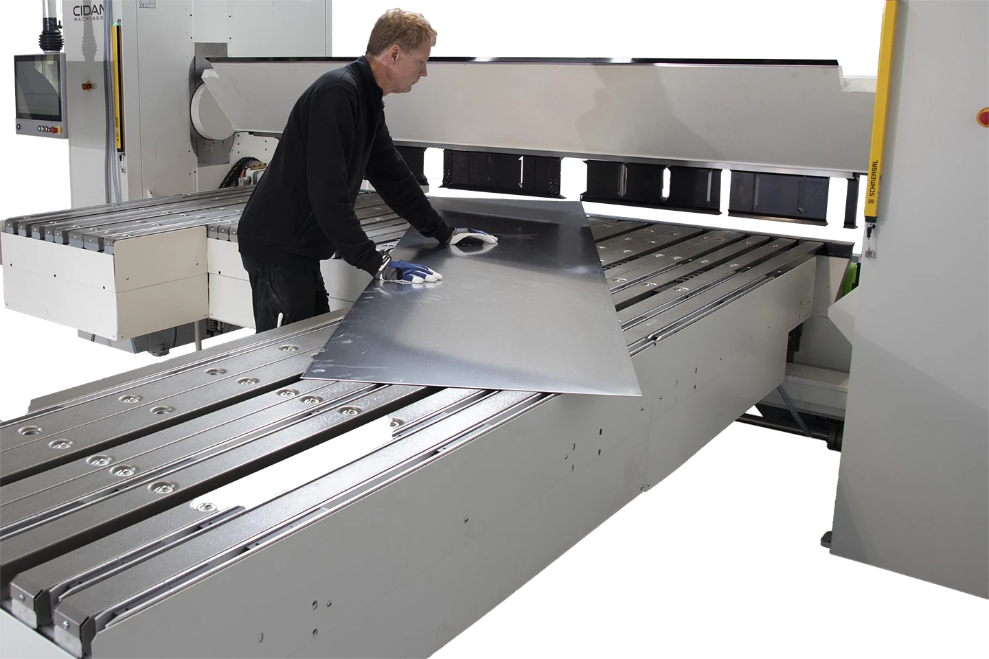 j-shaped height adjustable backgauge to a cidan folding machine on white background