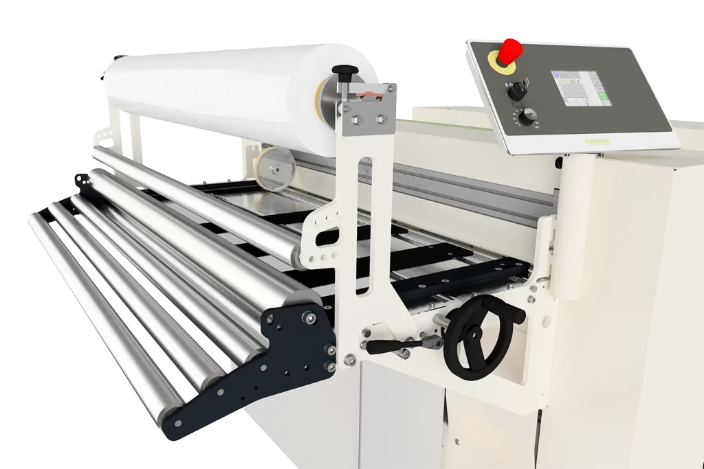 equipment for film application on sheet metal before processing on white background