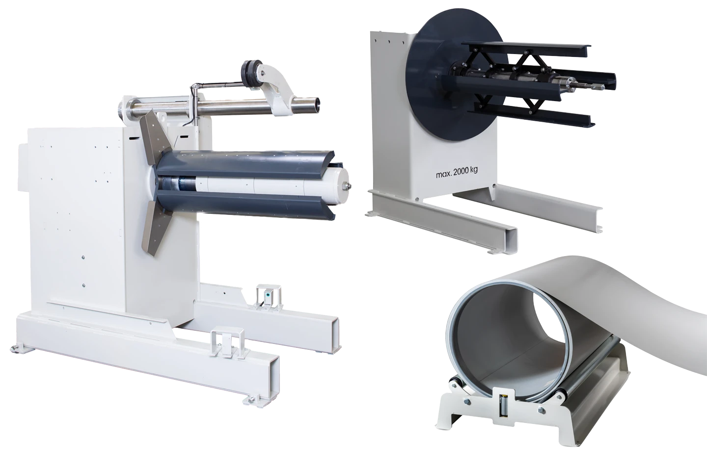 different models of decoilers for cut to length machines on white background