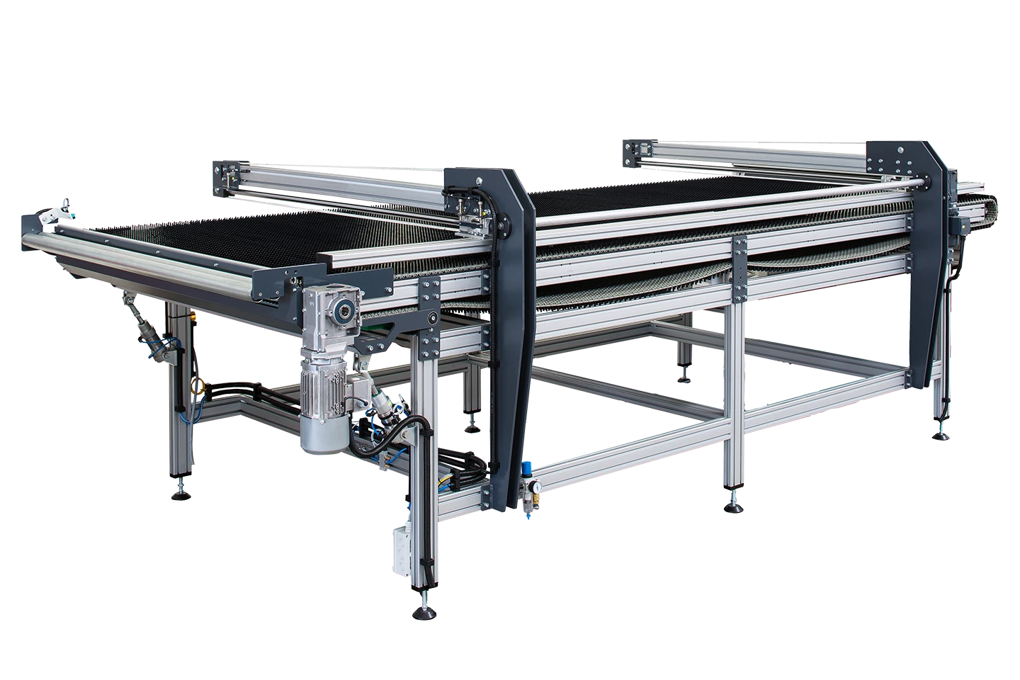 motor driven sheet metal conveyor for gentle conveying after cut to length machine on white background