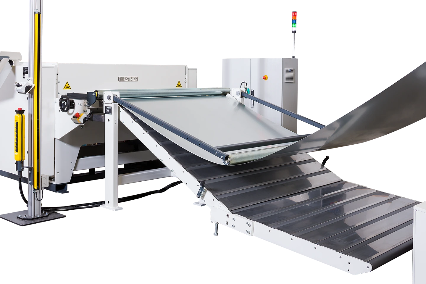 roller lift table for safe infeed of material to cut to length machine on white background