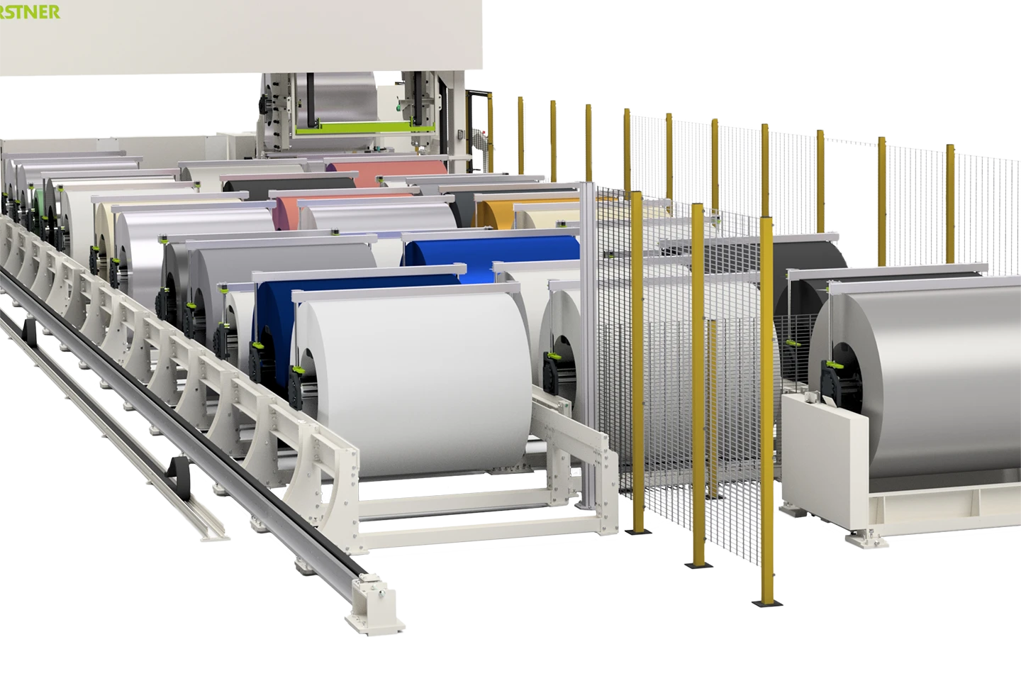 coil storage rails in a coilfarm on white background