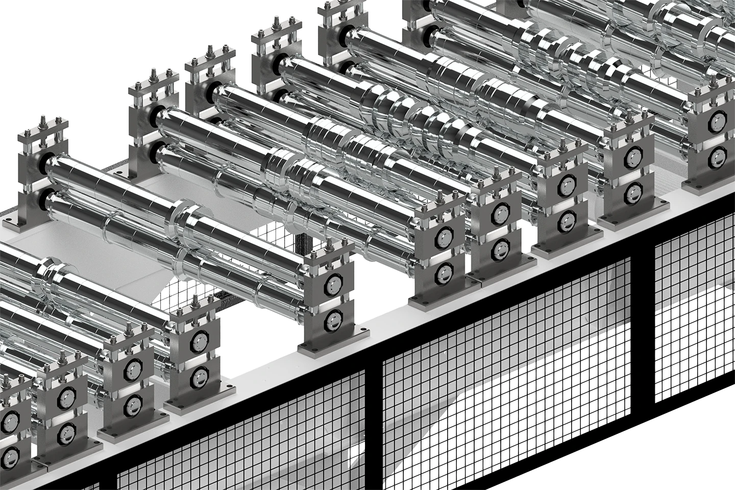 chromed tool stations in wide rollformer on white background