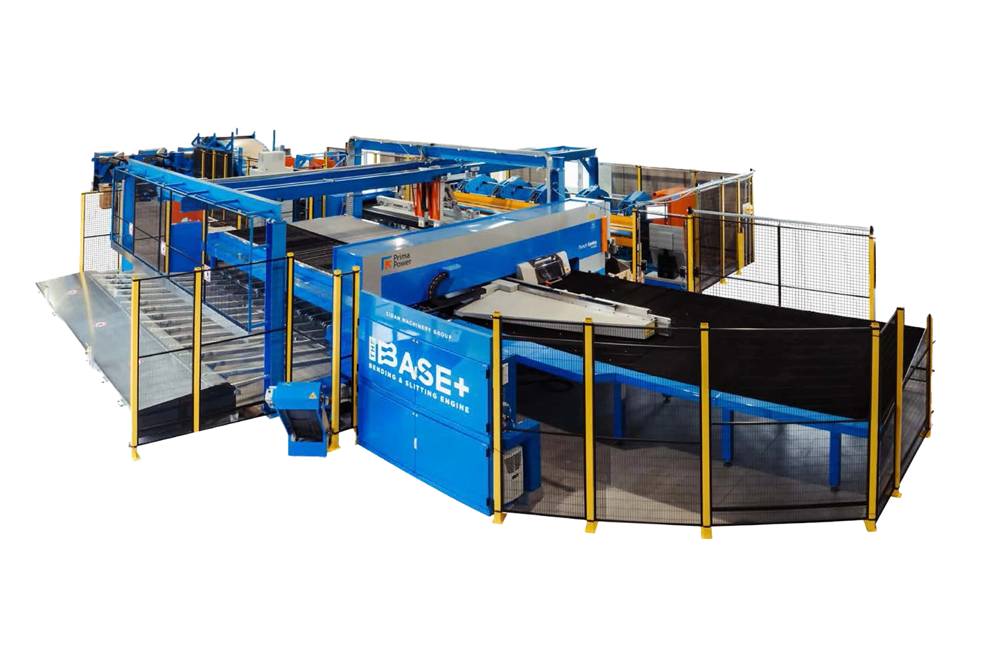 complete manufacturing cell for sheet metal profiles with punching on white background